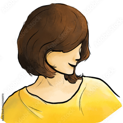 Short hair young woman smiling in profile side view illustration