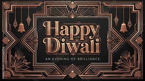 Luxury Art Deco Happy Diwali Greeting Card Design with Metallic Copper Accents, Hanging Bells, Geometric Frame, and Dark Background