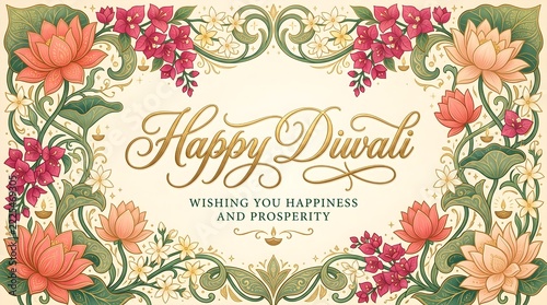 Elegant Floral Happy Diwali Poster with Art Nouveau Lotus Flowers, Decorative Green Vines, Gold Accents and Botanical Ornamentation