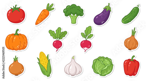 Colorful fresh vegetable stickers set featuring healthy organic harvest products for diet cooking vector illustration