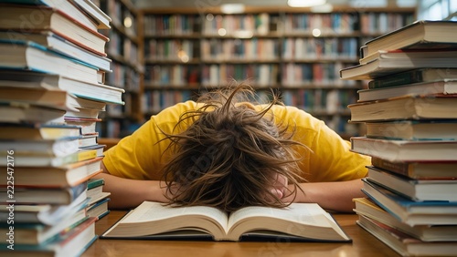 Exhausted student sleeping on open book between tall piles of textbooks inside quiet library during long study session under warm overhead fluorescent interior lighting