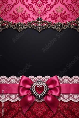 Elegant Pink and Beige Baroque Template Background with Lace Ribbon and Diamond Heart