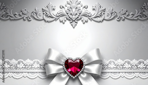 Elegant Pink and Beige Baroque Template Background with Lace Ribbon and Diamond Heart