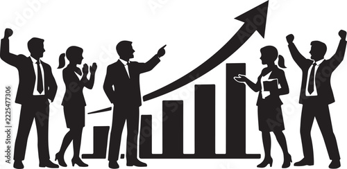 Business team celebrating success with growth chart and rising arrow.