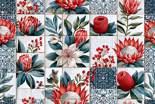 Seamless pattern decor African protea flowers and leaves, inspired by antique ceramic tiles, exotic art design.