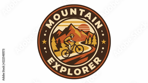 Mountain bike explorer vintage badge with cyclist on forest trail