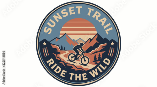 Mountain bike rider silhouette on sunset trail outdoor logo
