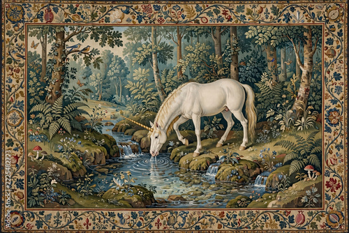 Mythical Unicorn in Enchanted Forest: A majestic white unicorn with a single spiraling horn drinks from a clear stream in a lush, enchanted forest. The scene is rich with detail.