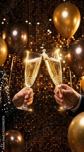 Two people clinking champagne glasses together at a festive party with gold balloons and sparkling background lights