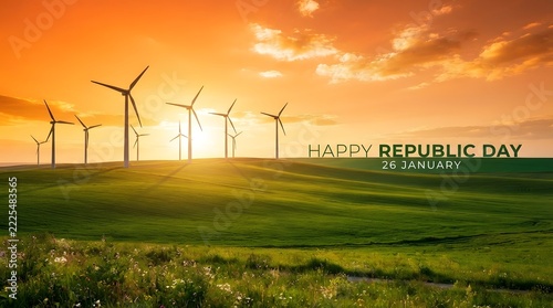 Golden hour illuminates a field of wind turbines generating clean energy in a rural landscape