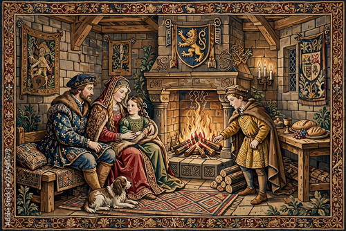 Medieval Family Hearth: A family huddles around a roaring fireplace in a rustic medieval home, sharing a moment of warmth and togetherness on a cold evening.