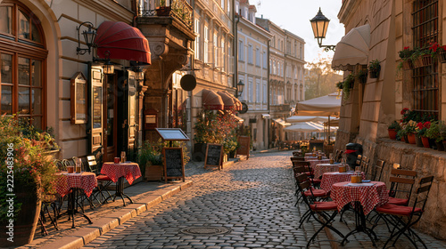 Old European Cobblestone Street With Cafe Tables in the Morning