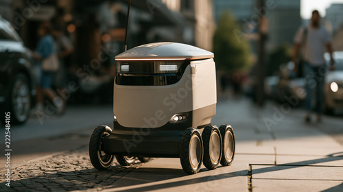 Small Autonomous Delivery Robot on City Sidewalk - Busy Sidewalk