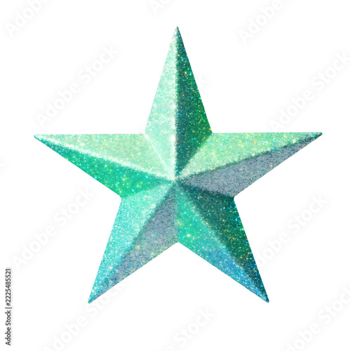 Teal glitter star isolated on white background, sparkling turquoise five-pointed star ornament, festive mint green shimmer star for holiday decoration
