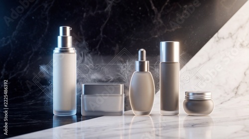 Premium Skincare Products Floating Over Black and White Marble Christmas Background