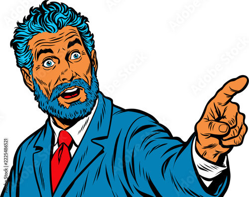Bearded man in business suit pointing finger with intense expression on white