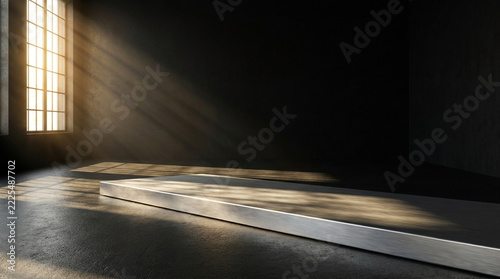 Diagonal front view of a matte black studio interior featuring a sleek metallic low platform, highlighted by stark window light rays.