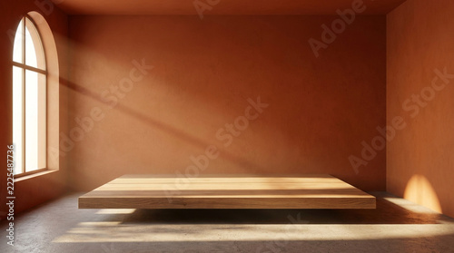 Slight high-angle front view of a burnt orange empty studio interior showcasing a minimal floating shelf stage under golden sun rays.