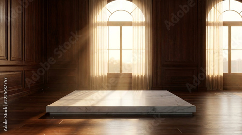 Slight low-angle front view of a rich mahogany wood empty studio interior featuring a sleek marble stage and strong sun rays.