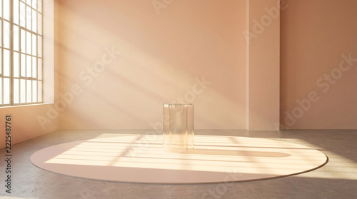 Wide front view of a soft peach studio interior showcasing a translucent glass pedestal, illuminated by ethereal sunny window light.