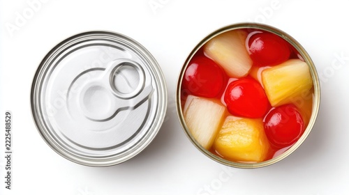 A top view of an opened can containing colorful mixed fruit including cherries and pineapple