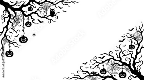 Halloween background design with spooky trees hanging pumpkins bats spiderwebs and owls black silhouette