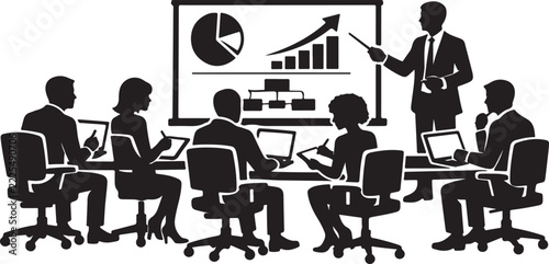 Business meeting with diverse team discussing financial charts and growth projections in a boardroom.