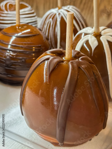 Decorative Caramel Apple with Chocolate Drizzle Surrounded by Gourmet Candy Apples