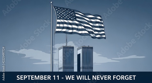 American flag waving above Twin Towers on September 11 memorial