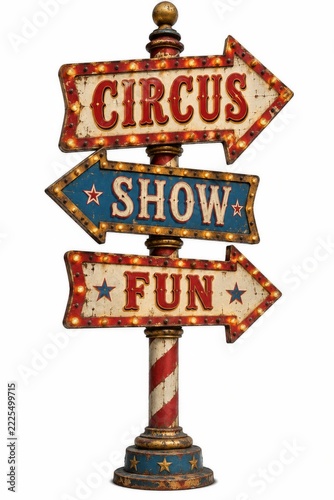Tall vintage carnival signpost with stacked illuminated decorative arrows