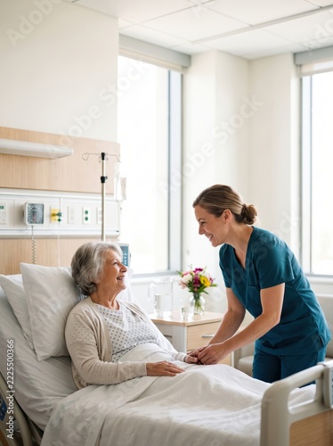 Nurse holding hands with smiling elderly patient in hospital bed. Compassionate bedside care and patient support. Healthcare, recovery and senior wellbeing. Medical caregiving
