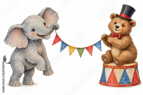 Watercolor elephant and bear with bunting beside a colorful circus drum