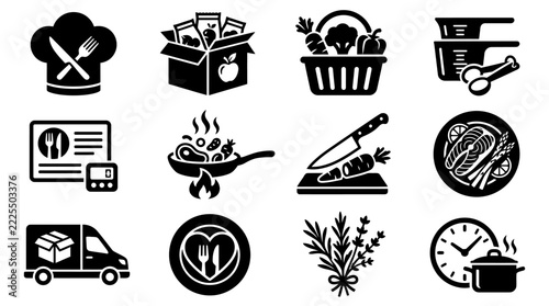Set of black kitchen and culinary icons featuring cooking tools and fresh food ingredients nutrition collection restaurant preparation vegetables delivery ingredient gastronomy