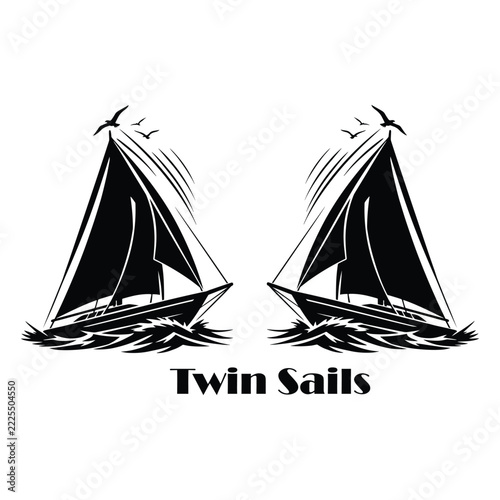 Symmetrical Sailboats with Birds Flying Above the Water.