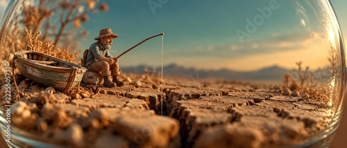 Miniature Fisherman Fishing Into Cracked Dry Earth Beside Boat at Sunset