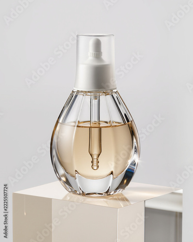 Clear Faceted Perfume Spray Bottle with Pale Golden Fragrance on White