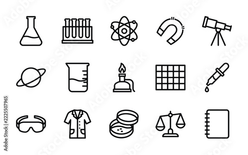 Set of 15 Science Lab and Experiment Line Icons - Laboratory Research, Chemistry, Scientific Test Vector Outline Symbols