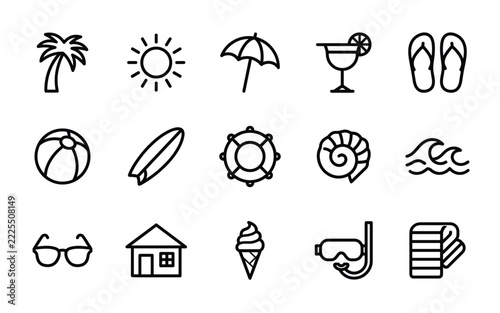Set of 15 Beach and Summer Holiday Line Icons - Tropical Vacation, Ocean Resort, Relaxing Tourism Vector Outline Symbols