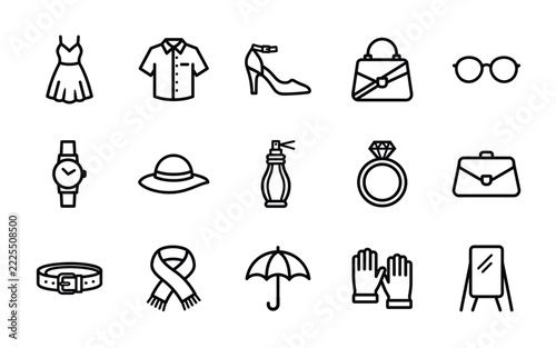 Set of 15 Apparel and Fashion Clothing Line Icons - Garment, Wardrobe Outfit, Textile Style Vector Outline Symbols