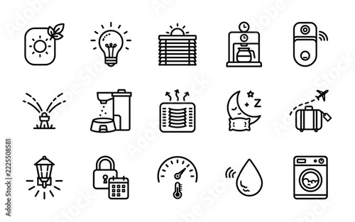 Set of 15 Smart Living and Home Automation Line Icons - Intelligent Home System, Eco Living Vector Outline Symbols