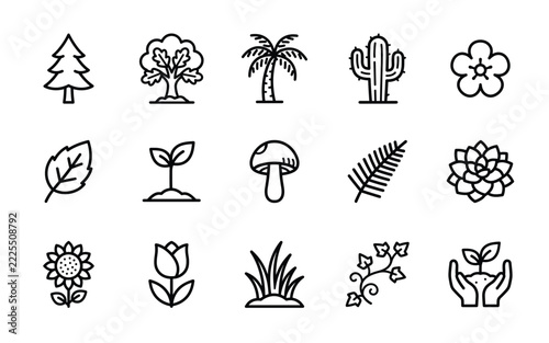 Set of 15 Trees and Garden Plants Line Icons - Nature Flora, Forest Foliage, Botanical Botany Vector Outline Symbols