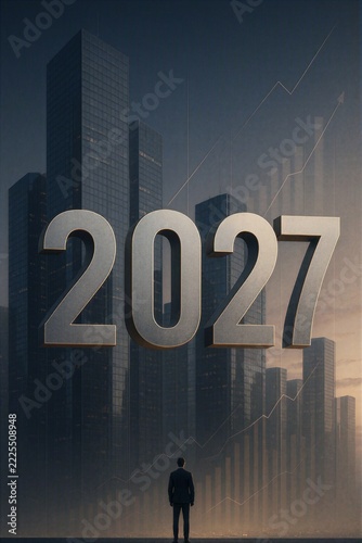 Large 2027 numerals before a modern skyline with a solitary figure and rising chart lines, futuristic financial concept illustration