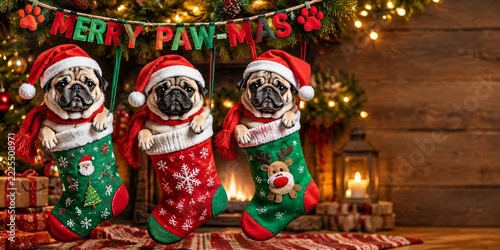 Three pug dogs in Santa hats and Christmas stockings beneath a Merry Pawmas banner with festive tree and rustic wood backdrop