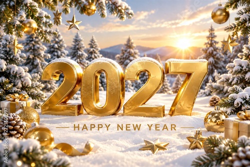 Golden 2027 numerals and happy new year greeting among snowy trees, ornaments, stars, gifts, and glowing holiday decorations outdoors