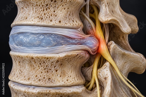 Close-up anatomical model of spinal disc pressing on nerve root. Lumbar spine structure and herniated disc detail. Back pain and nerve compression. Human anatomy and medical education