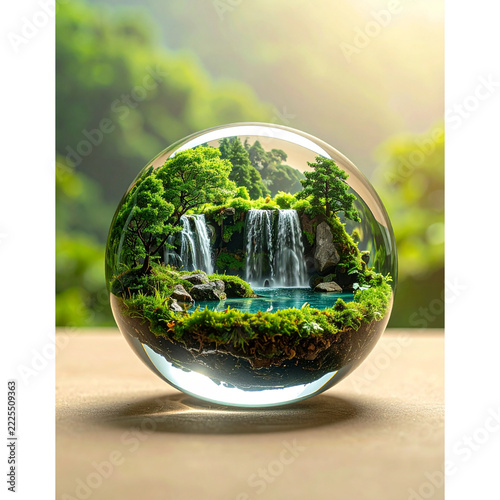 Miniature Waterfall and Lush Forest Ecosystem Inside a Glass Sphere