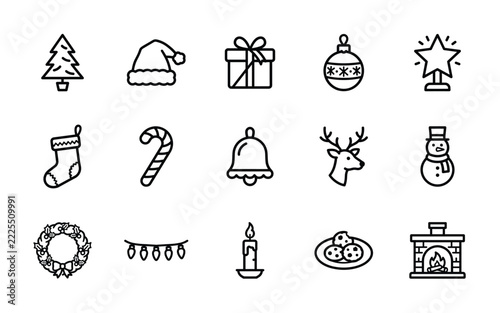 Set of 15 Christmas and Winter Holiday Line Icons - Xmas Tree, Santa, Festive Decoration Vector Outline Symbols