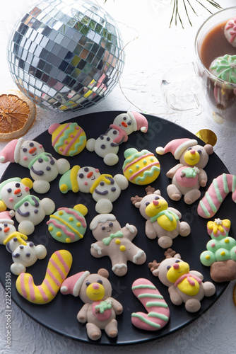 Christmas marshmallows. Winter candy. Sweet food in december. Snowman and Santa Claus