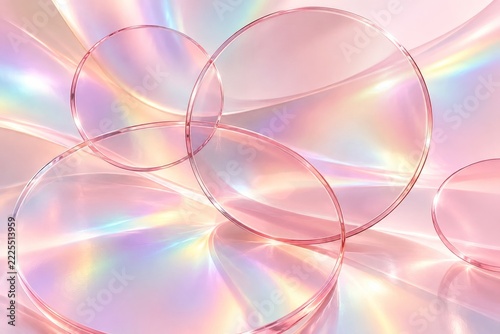 Translucent pink glass disks on a luminous iridescent pastel background