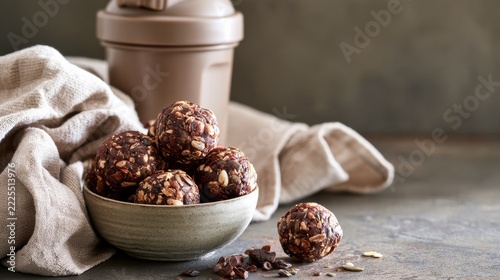 Chocolate protein snack balls in bowl with shaker bottle